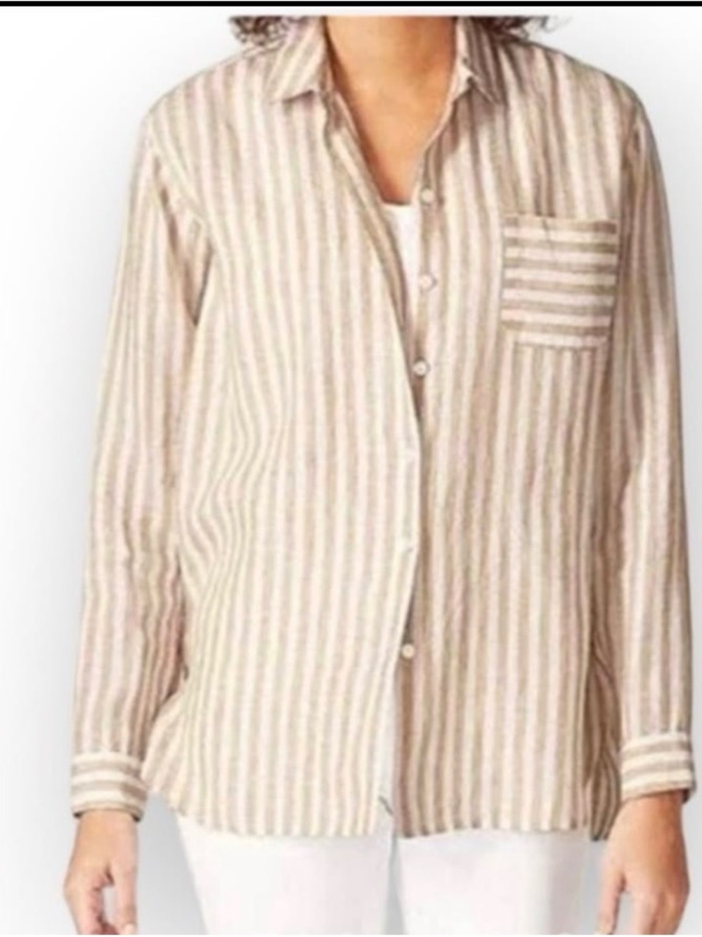J. Jill 100% Linen Beige Striped Shirt (L)